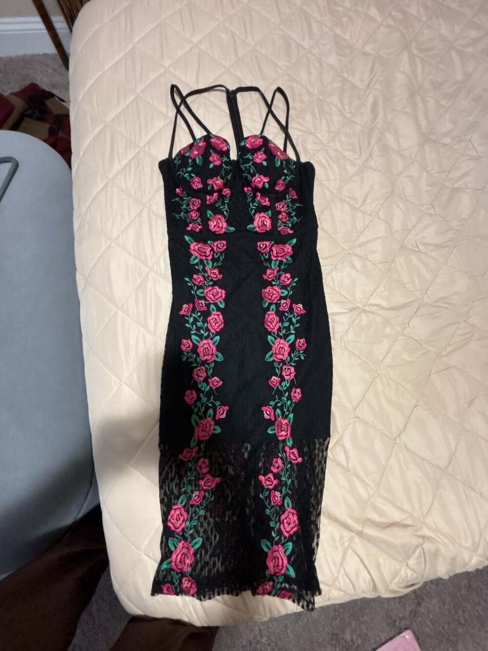 Bebe Black Floral Embroidered Lace Midi Dress Size 6